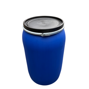 TAMBOR PLÁSTICO AZUL 220L TAPA ANCHA Y ZUNCHO METÁLICO